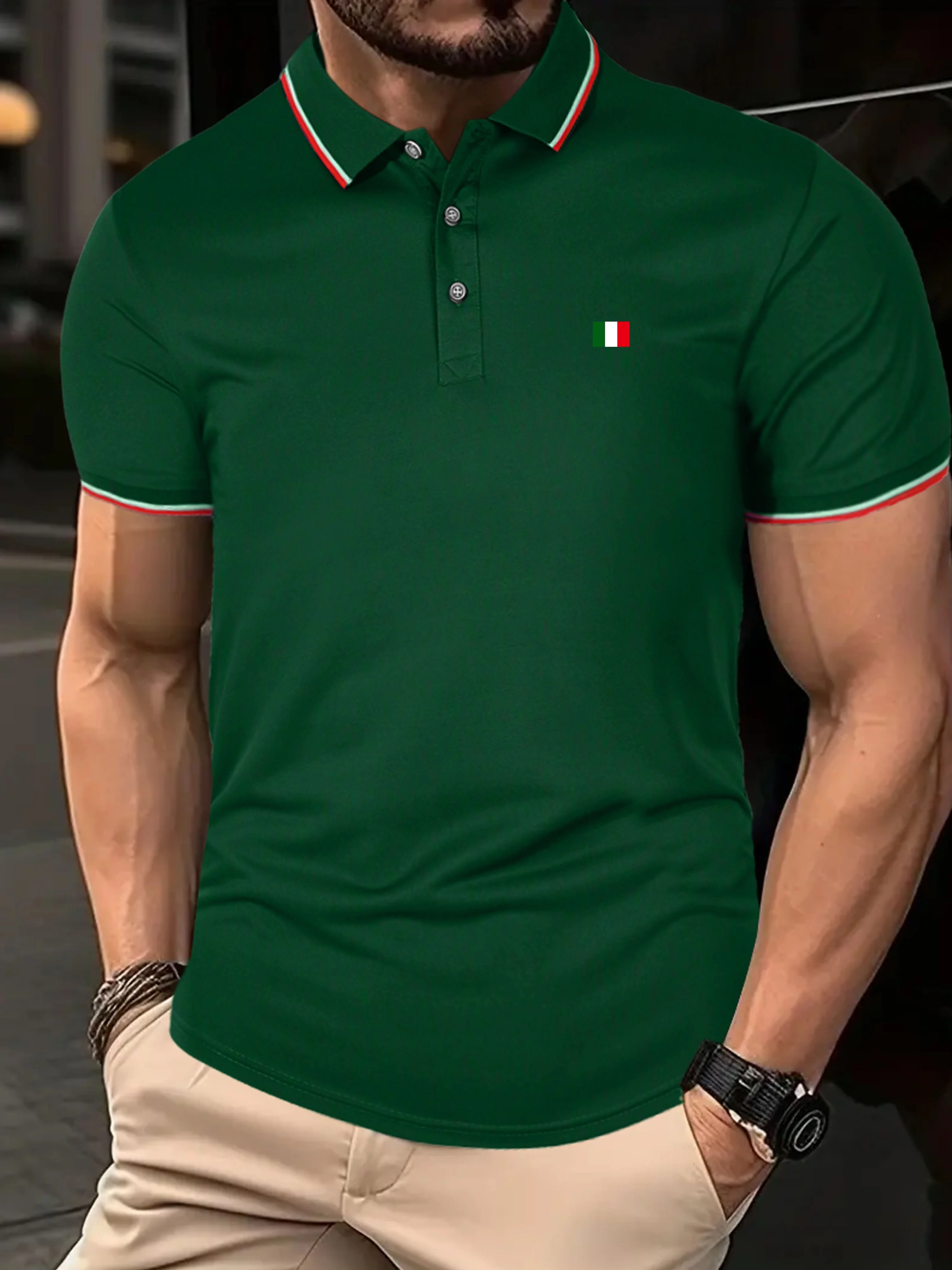 Men's summer cotton fashion casual comfortable breathable loose oversized Italian flag print polo shirt short sleeved top