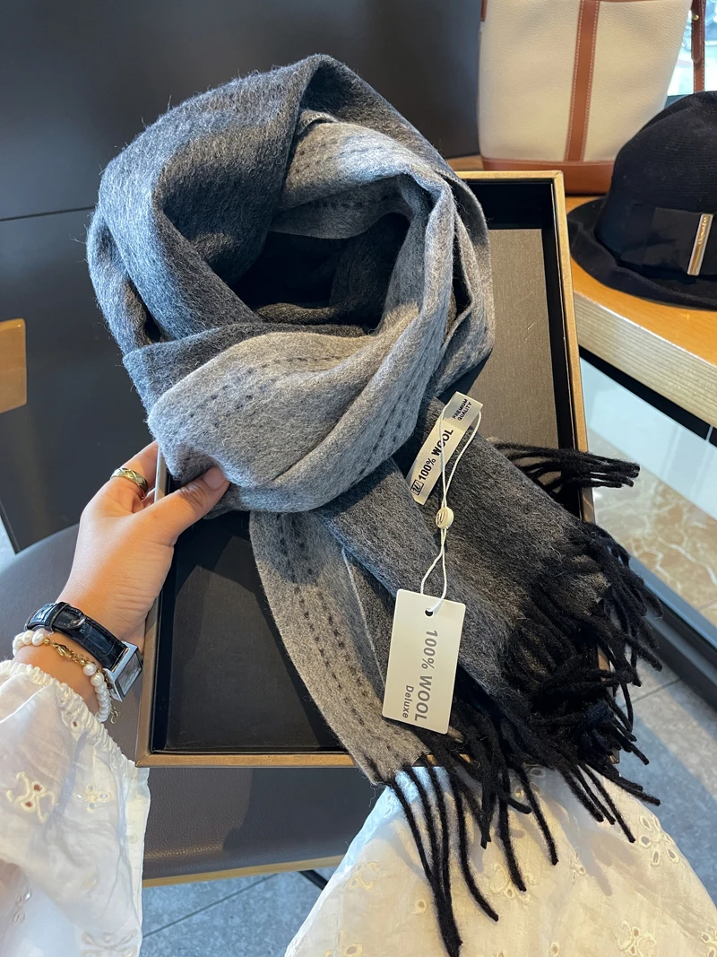 Deluxe Australian Wool Scarf Women Winter Two-sided Dotted Line Neckerchief Shawl Lovers Muffler Versatile Comfort Warm