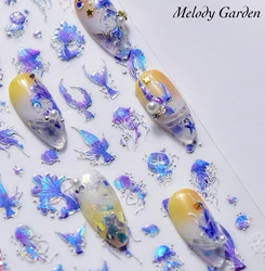 Newest 5D Embossed Back glue Nail decal Ocean Dream Jellyfish Mermaid Tail Nail stickers Shell Wave Nail decoration Nail art DIY