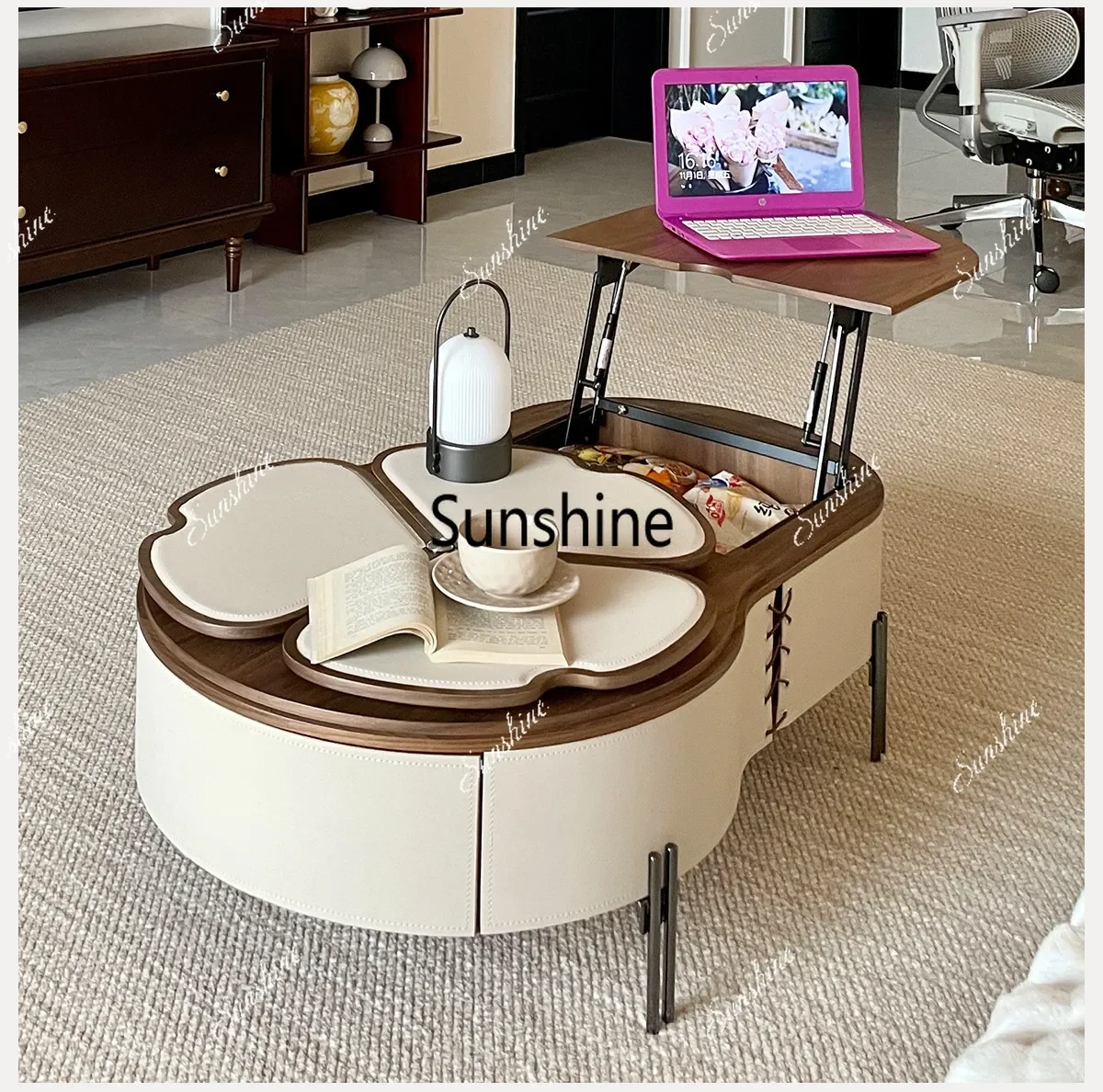 Small apartment liftable antique multi-functional tea table