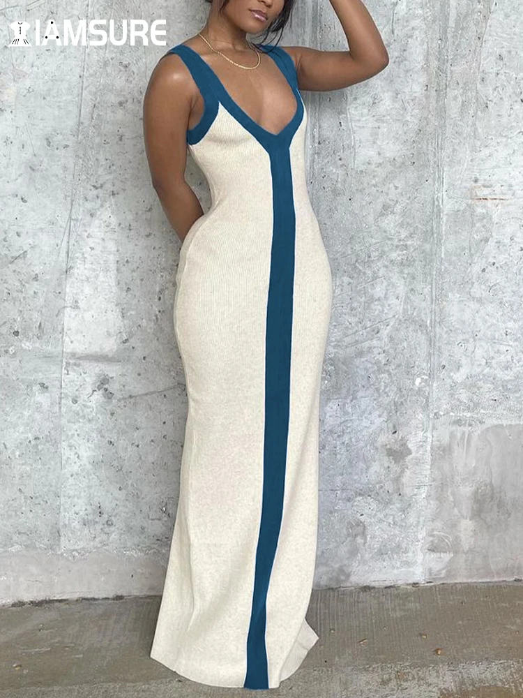 IAMSURE Holiday Sexy Contrast Color Striped Long Dress Slim Skinny V-Neck Sleeveless Maxi Dresses For Women 2023 Summer Fashion