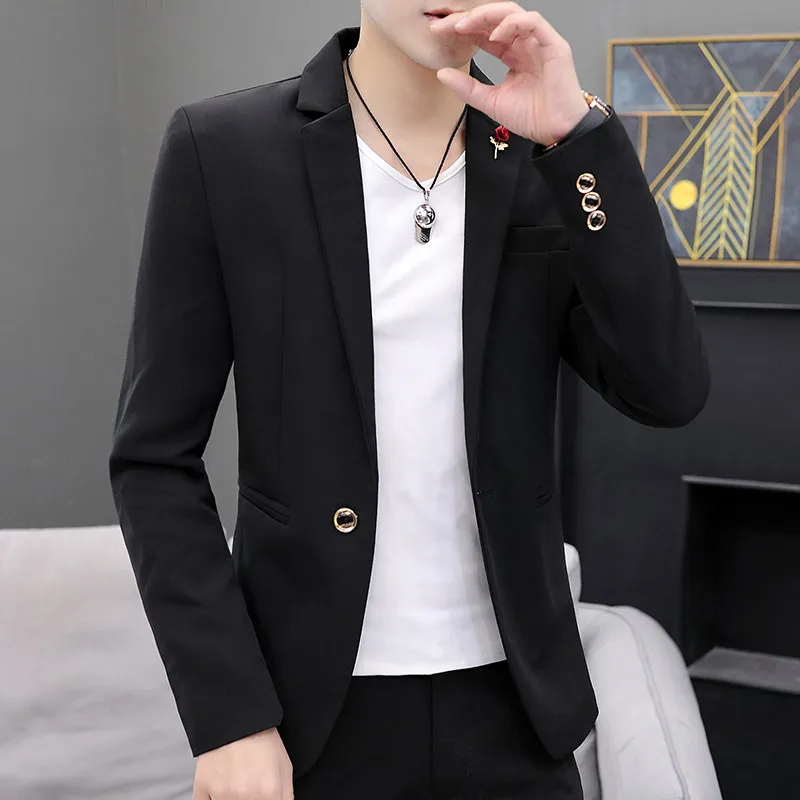 

Casual Bla Long Sve Men's Suit Spring Faionable Student Single-breasted Jaet Stand Fit Anti-wrinkle Polyester Fiber