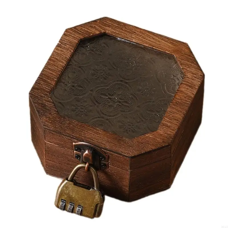 صندوق تخزين المكياج الخشبي مع غطاء زجاجي مزين بالزهور منظم مجوهرات مقاوم للخدش لتزيين مضمد 964A