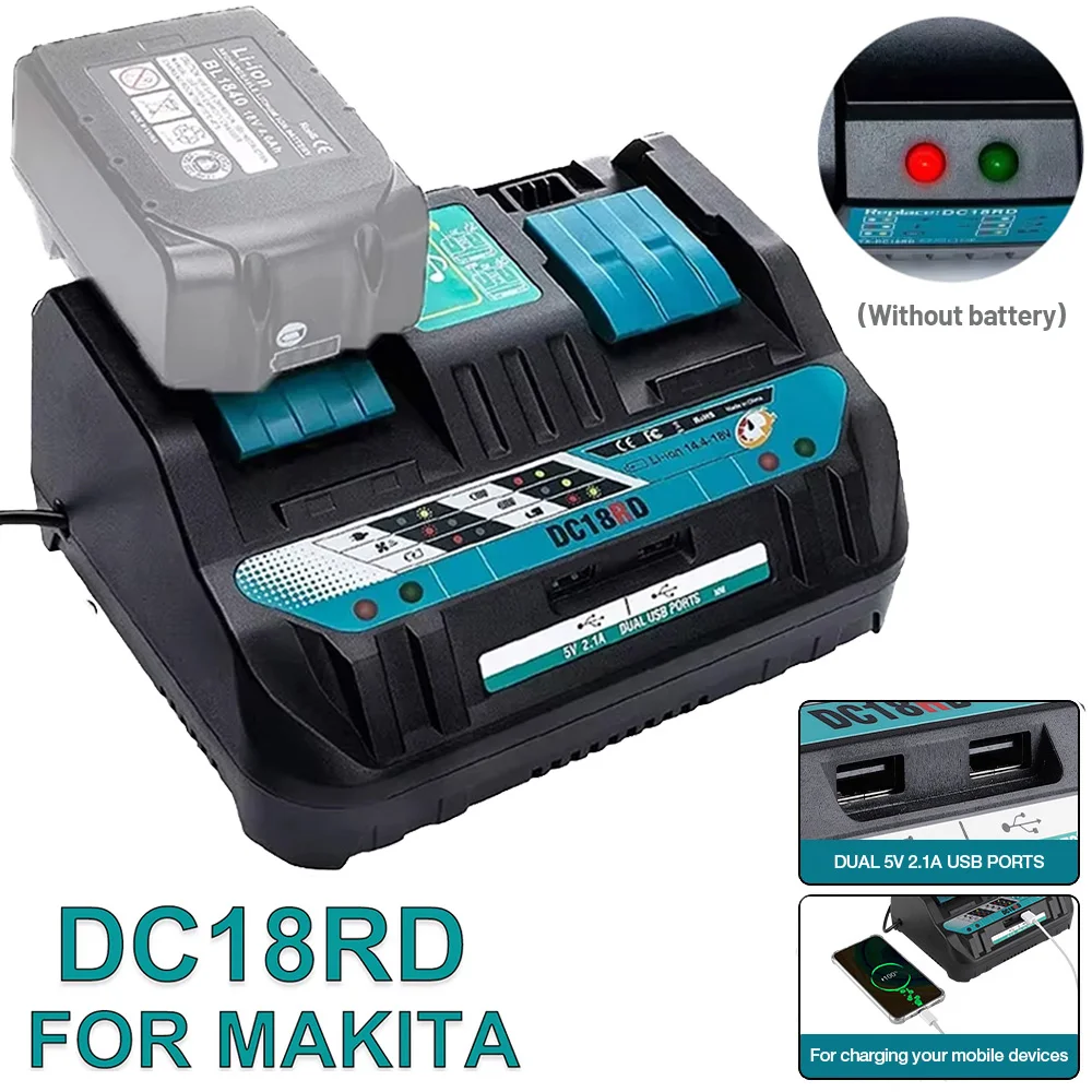 

18V DC18RD Dual Ports Battery Charger for Makita 14.4V-18V Lithium-Ion Battery BL1415 BL1430 BL1830 BL1840 BL1850 BL1850B