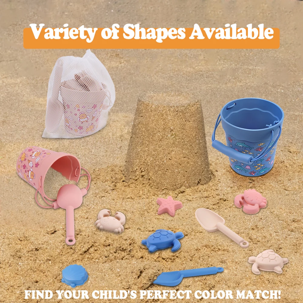 6Pcs/Set Children\'s Beach Toys Set Silicone Bucket, Shovel 4 Sand Molds Sand Toys For Toddlers Perfect for Summer Outdoor Fun