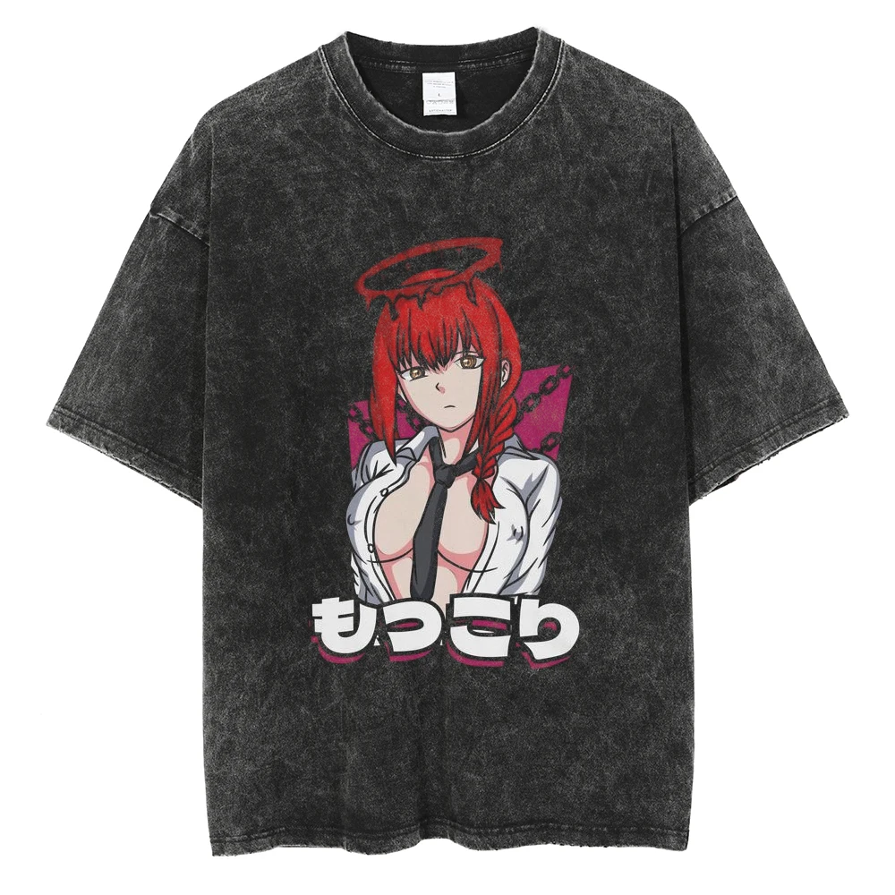 

Chainsaw Man Makima Control Devil Halo Chain Acid Wash Oversized Black T Shirt 2026 Summer Streetwear Anime Graphic Tee