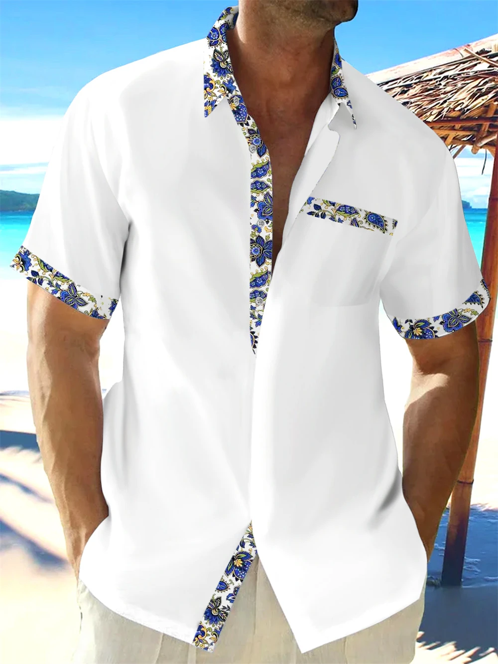 Solid Color Hawaiian Style Printed Summer Shirt Men's Shirt Casual Fashion Street Short Sleeve Beach Holiday Men's Button Shirt