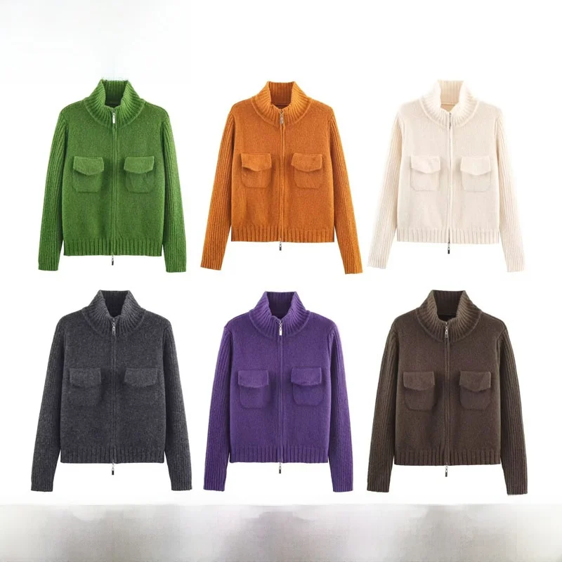 

Faionable Simptic Double Zipper Knitted Jaet Women's New Autumn Winter Polyester Fiber Warm Long Sve Cardigan