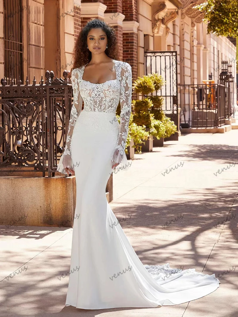 

Gorgeous Wedding Dresses Satin Sheath Mermaid Lace Appliques Full Sleeves Bridal Gowns Square Collar Graceful Vestidos De Novia