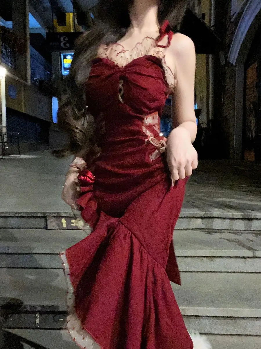 Autumn-Winter New Arrival: Vintage, Pure-Desire Spliced Wine Red Suspender Dress - Spicy Girl Style, Bodycon, Sexy with a Slit