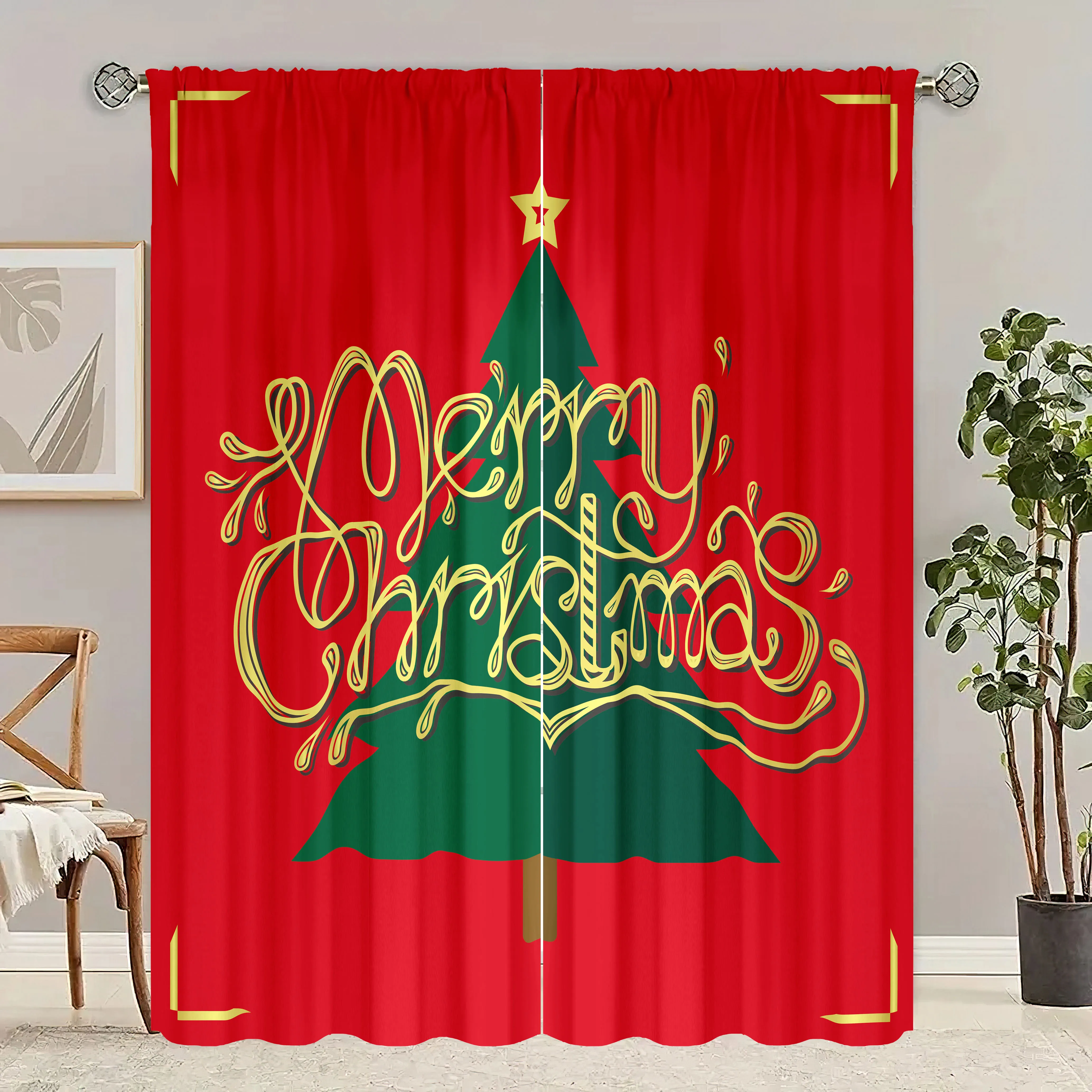 2pcs-sheets - Winter Christmas Tree decoration printed curtains - polyester material - suitable for bedroom, living room, study