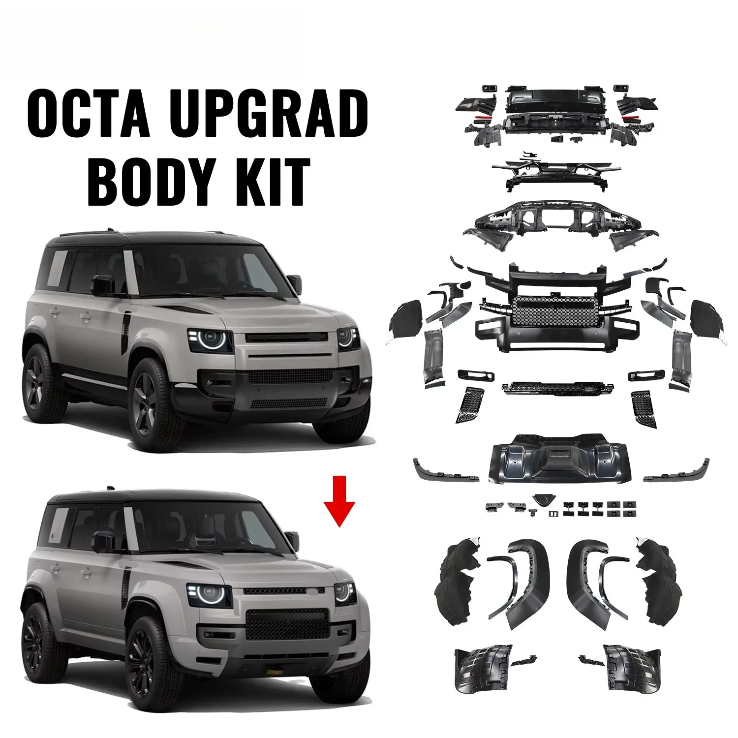 

Новый обновленный комплект внешних деталей Octa Style для кузова автомобиля Defender L663: передний бампер и решетка радиатора (2025 год)