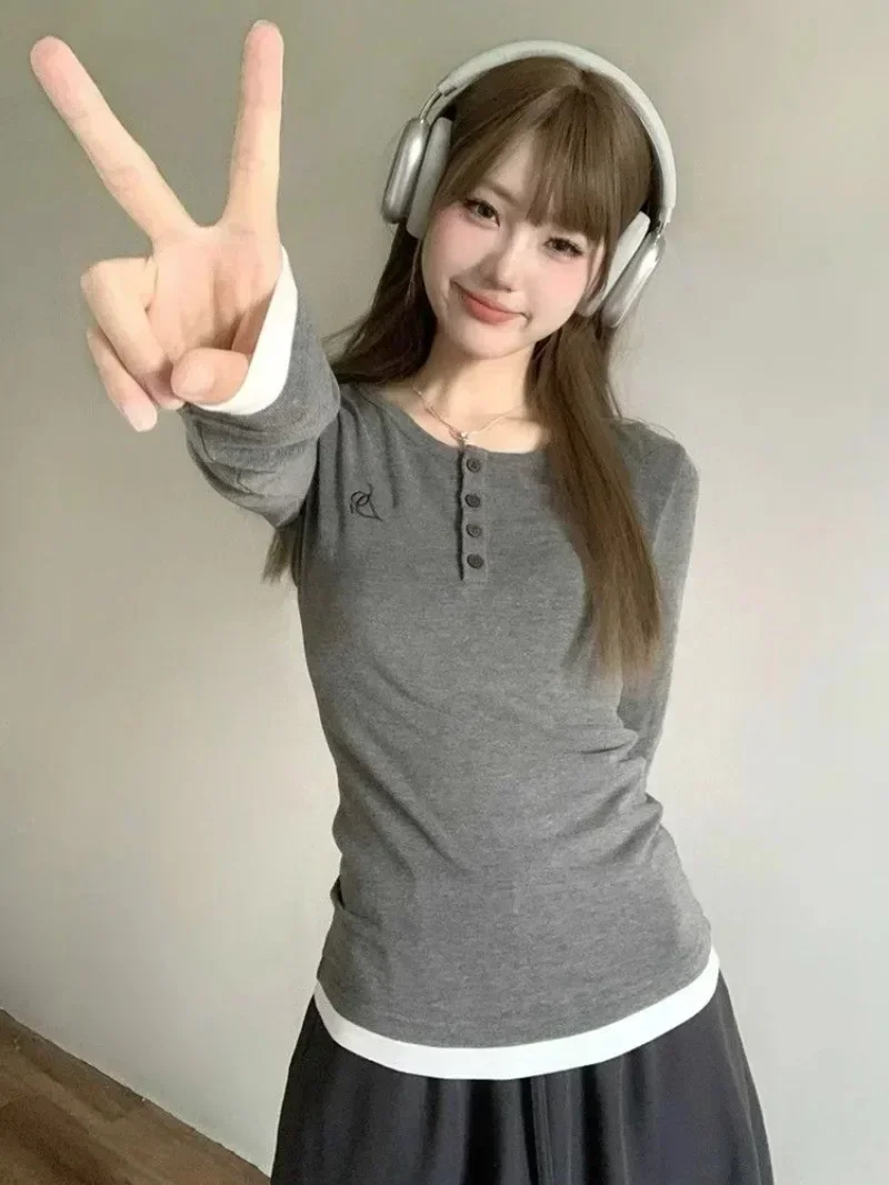 American Patchwork Tshirts Slim Waist Gray Two Piece Vintage Harajuku Women Camisetas Contrast Color Tees Y2k O Neck