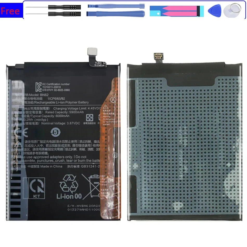 Battery BN62 6000Mah For Xiaomi Redmi Note 9 4G Replacement Batteries Bateria + Tools