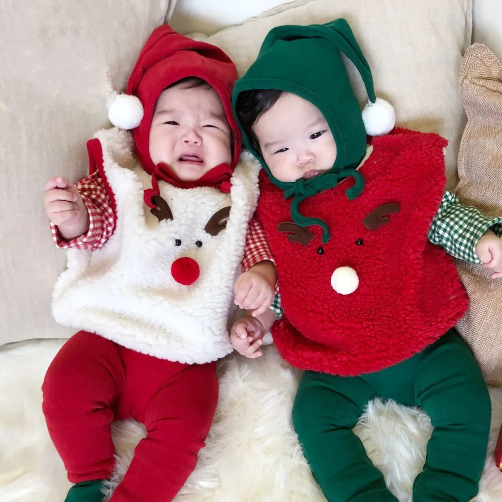 2024 Autumn Suit for Babies Christmas Costume for Baby Children Santa Claus Cosplay Clothes Elf Vest + Christmas-Hat +Overalls