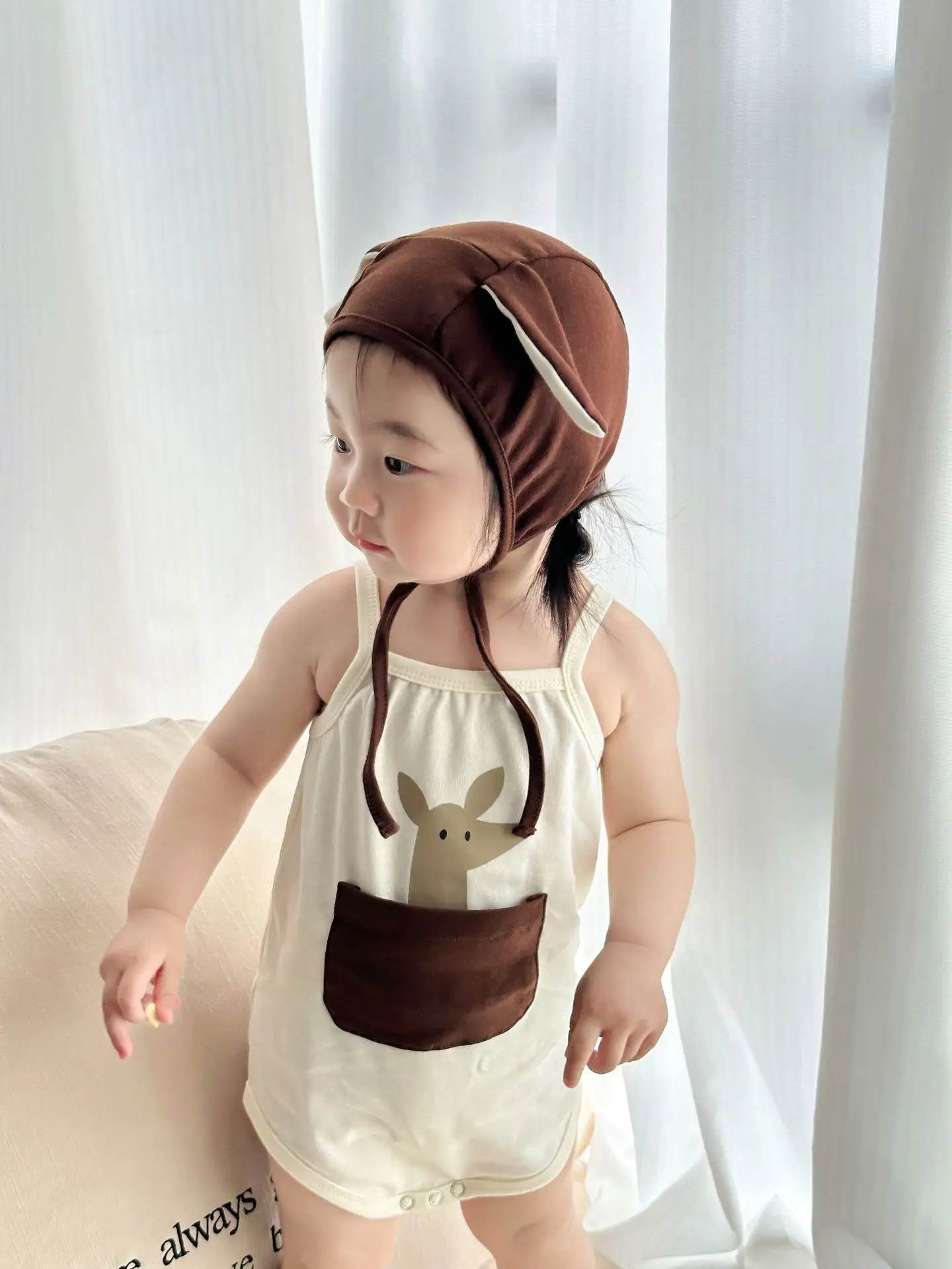 Funny Kangaroo Newborn Baby Clothes Boy Girl Bodysuits ropa de bebe Short Sleeves Headband Cotton Baby Romper Sling Korean Hat