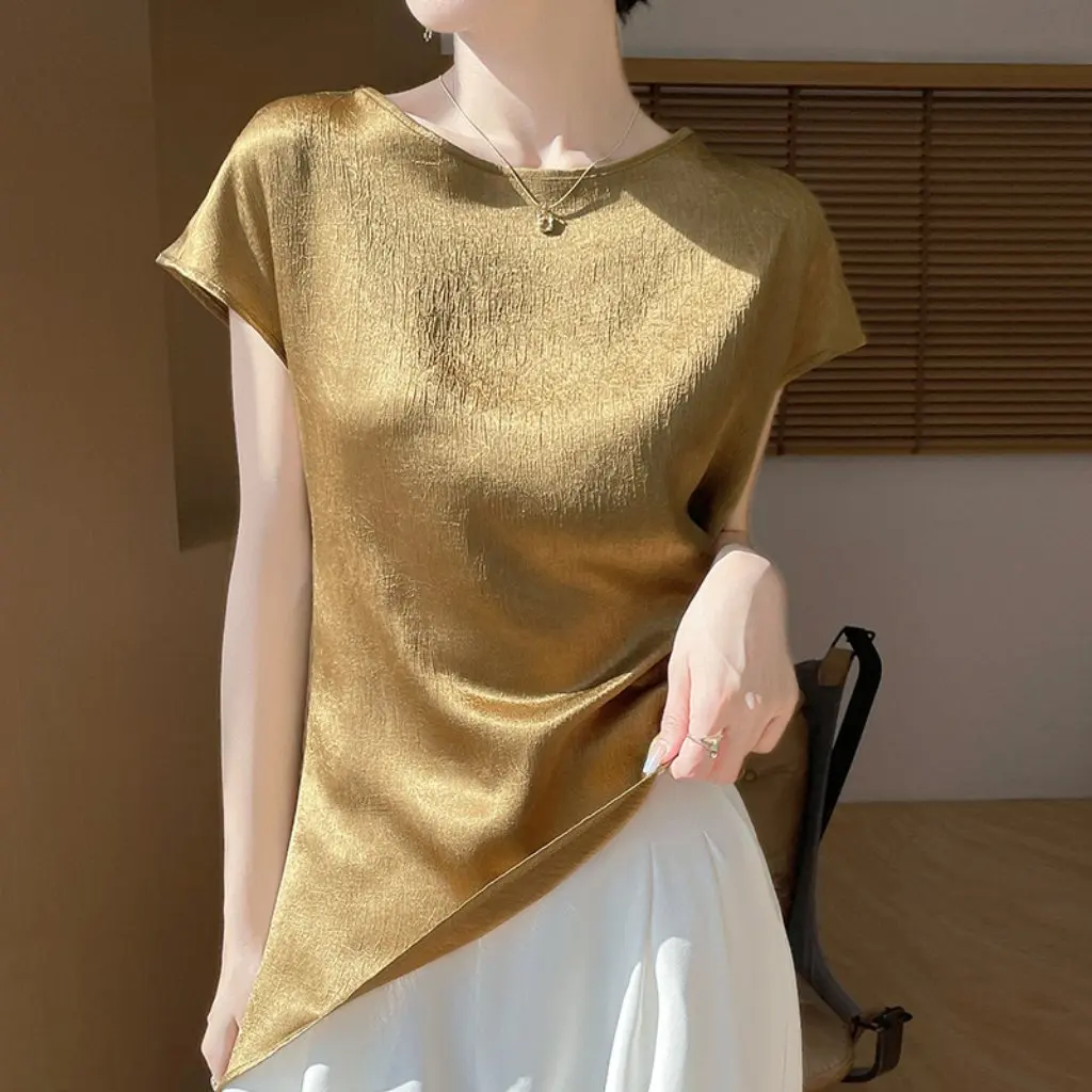 

Silk Satin Women's Slim-fit round Neck T-shirt Summer Fashionable All-match Elegant 25 Texture Top Short Sleeve