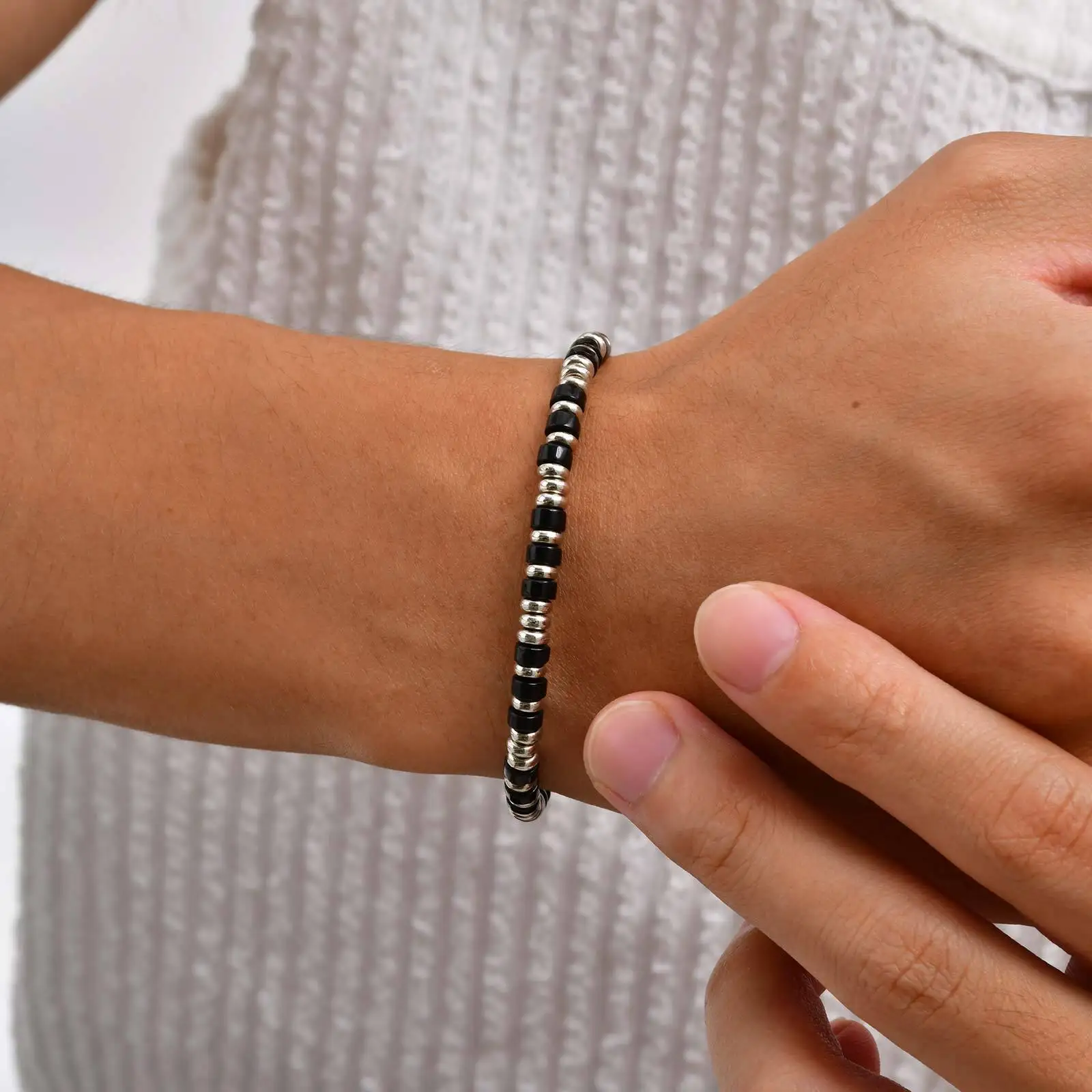 Men's Crystal Wheel Beads Bracelet,4mm Natural Stone Metal Wheel Beaded Bracelet,Adjustable Wristband Gift view 3