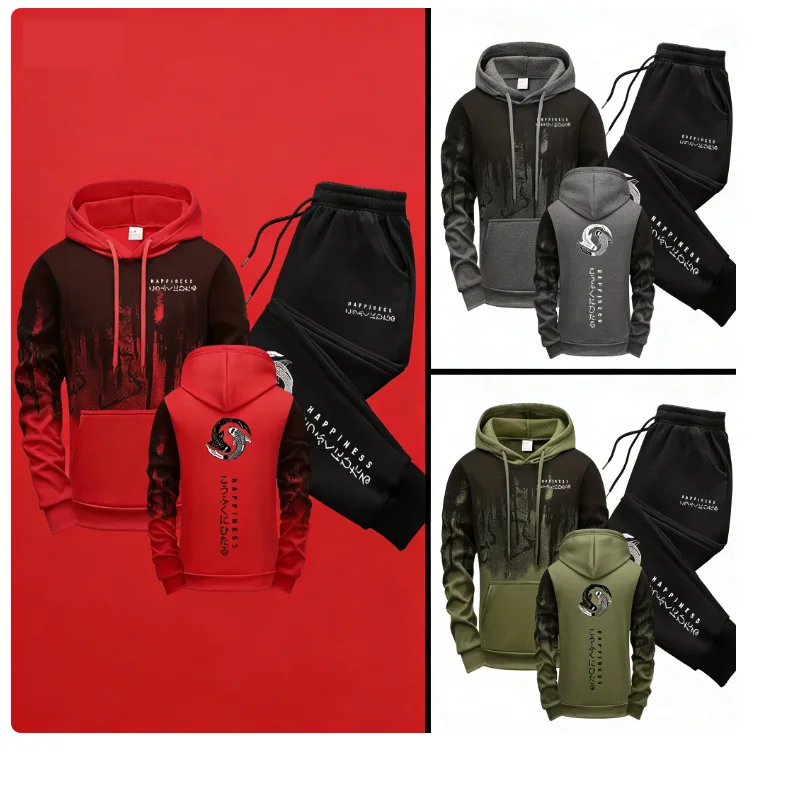 

Men's Leisure New Velvet Thickened Sports Set New York Cross Print Spring and Autumn Hoodie Set Long Sleeve