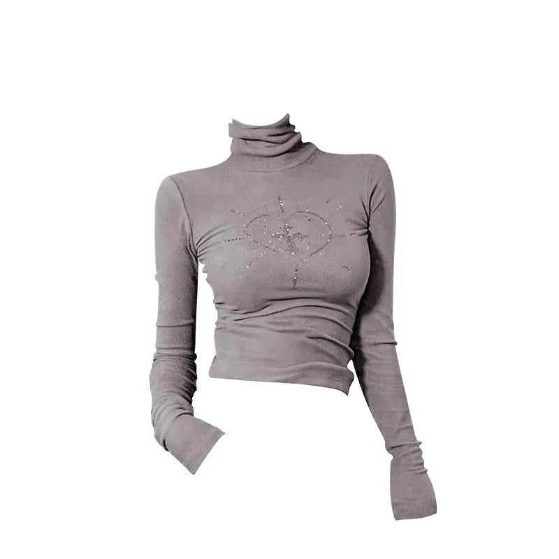 2000s Kpop All Match Basic Rhinestones T-shirts Casual Turtleneck Chic Fashion Tops Women Long Sleeve Sexy Roupas Femininas