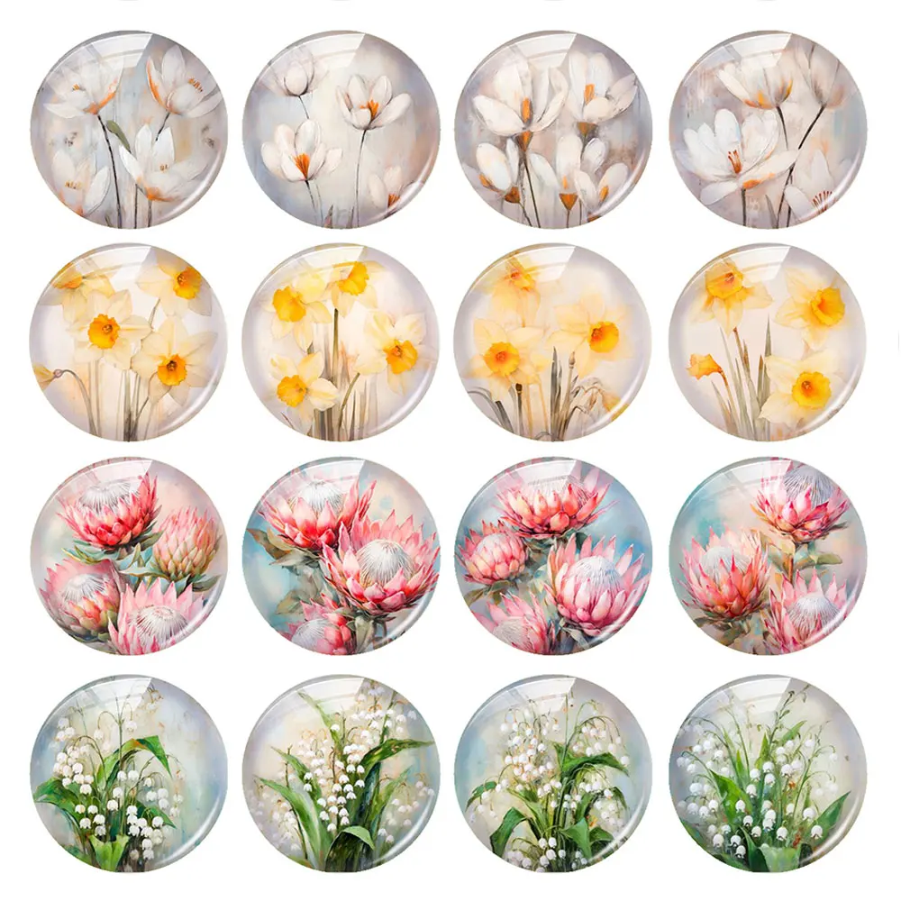Random Mixed Round/Oval/Square Thistle Flower Bellflower Lily Photo Glass Cabochon Flatback Demo Cameo For Diy Jewelry Making