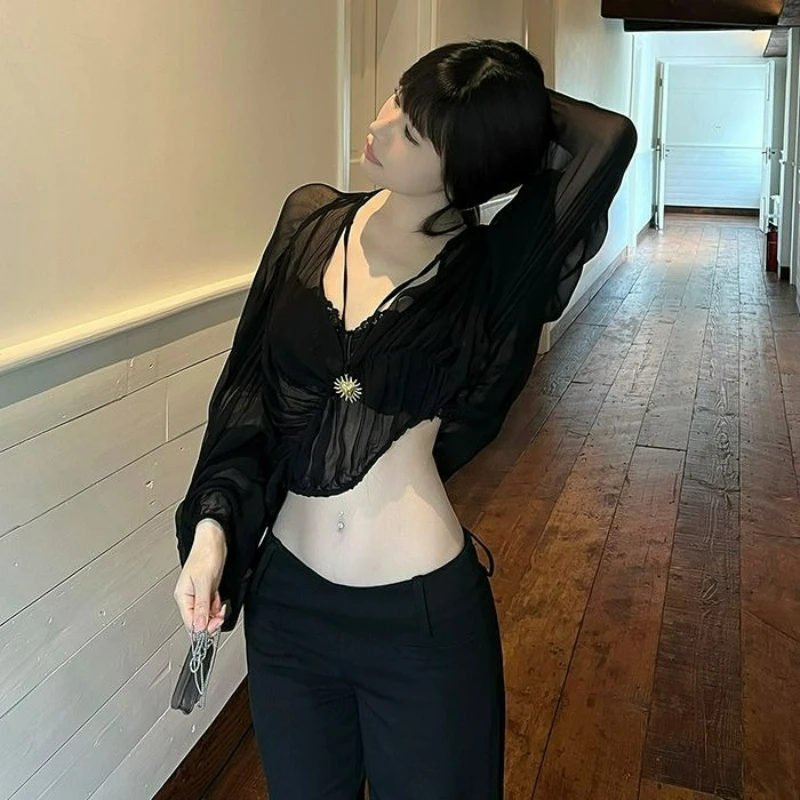 

2026 Summer New Style Fashion Low-waisted Petite Loose Flared Long Pants Set for Women Spicy Girl Long-sleeved Top Two-piece Set
