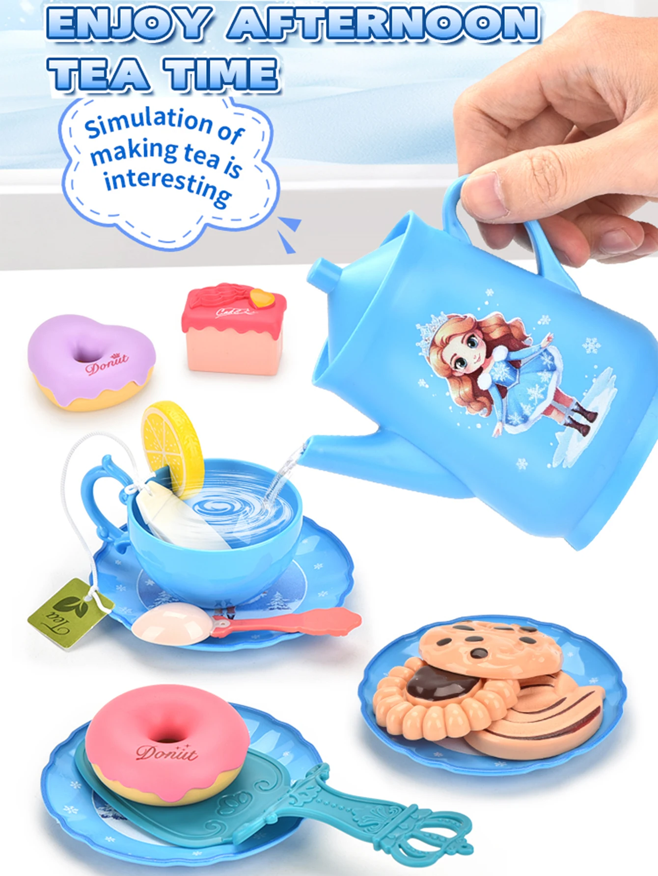 Nachmittagstee-Set für Mädchen, Ice Beauty Princess Nachmittagstee-Spielzeug, Teeparty-Anziehspielzeug, simulierter Dessertkuchen, tragbares Gi