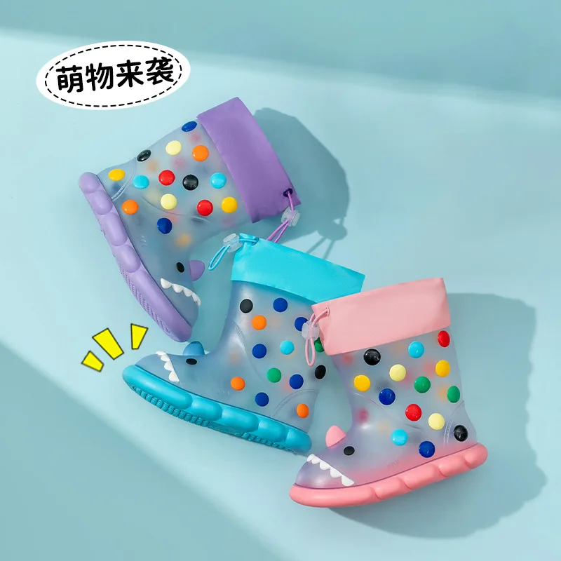 Children's Pvc Transparent Waterproof Rain Boots for Boys Girls Kid's Rainbow Beans shark Slip-resistant Shoes H144-31