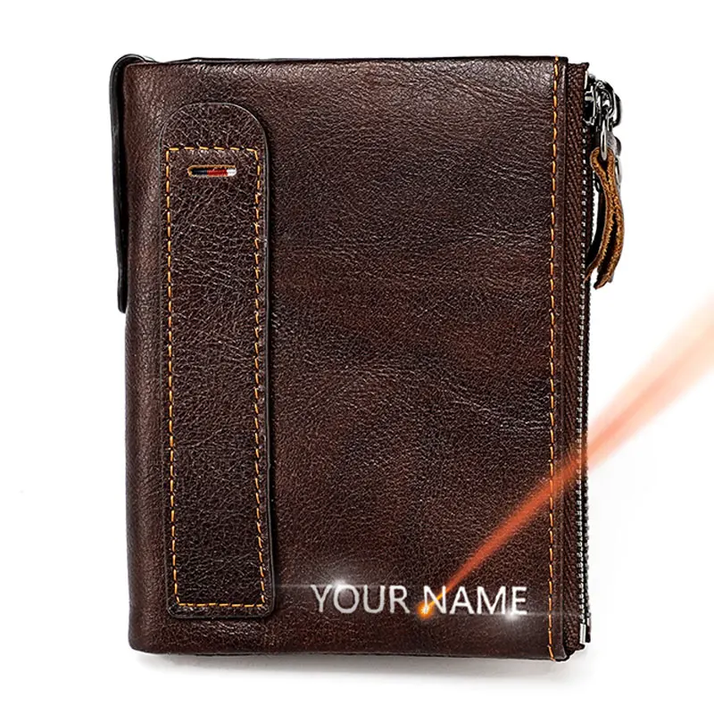 New RFID Short Men Wallets Genuine Leather Name Customized Vintage Coin Pocket Brand Male Wallet Zipper Card Holder Men Purse