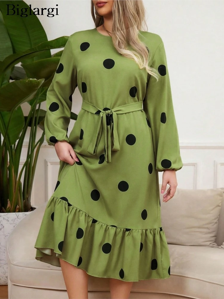 Plus Size Autumn Polka Dot Print Midi Dress Women Ruffle Pleated Loose Fashion Long Sleeve Ladies Dresses Slim Waist Woman Dress