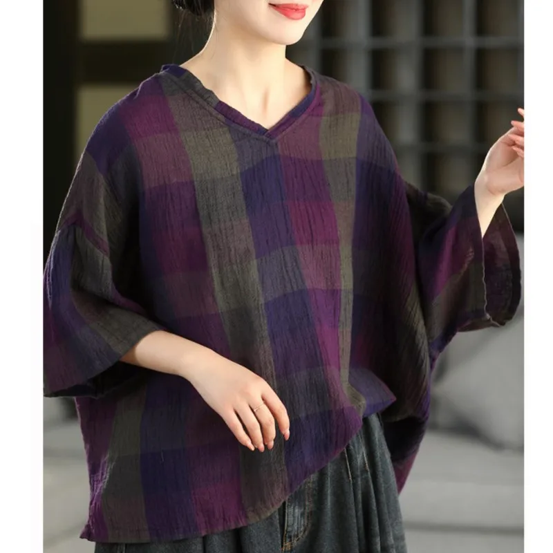 Johnature Women Vintage LinenT-Shirts Plaid Bat Sleeve Tees 2026 Summer New Chinese Style V-Neck Female Loose Casual T-Shirts