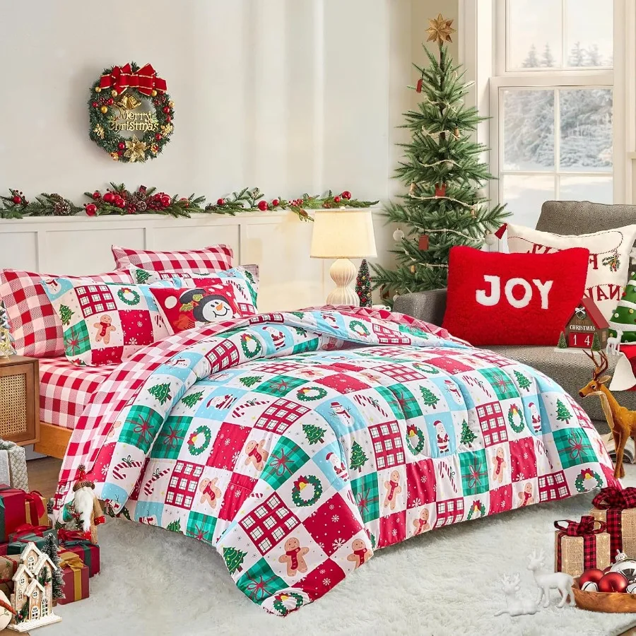 

7 Piece Bed in a Bag Queen Christmas Red Green Colorful Patchwork Design Comforter Sheet Set All Season Microfiber Holiday Them