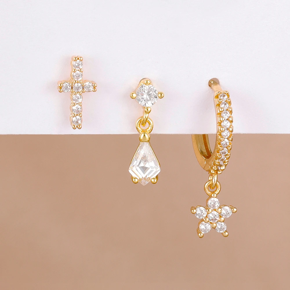 3PCS Dainty Zircon Flower Dangle Earrings Sets For Women 14K Gold Plated Cross Stud Earring Korean Fashion Romantic Jewelry Gift