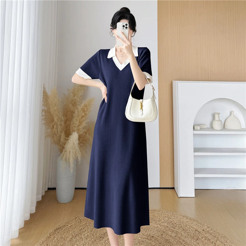 

New Women Spring Autumn Knitted Long Dress Fashion Patchwork V-Neck Short Sleeve Loose Dress Elegant Simplicity Mid-Calf Dress