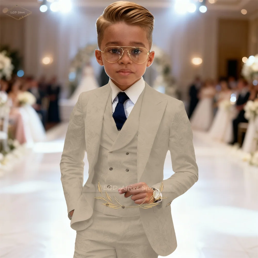 Kids Boys 3 Piece Intricate Jacquard Texture Blazer Suit Vest Trousers Elegant Gentleman Wedding Ceremony Formal Dress