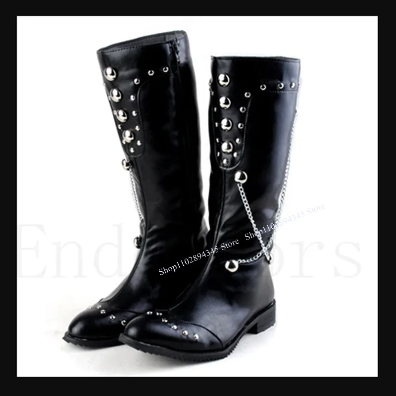 

Black Flattie Chain Rivet Knee High Boots Zipper Cool Women Shoes Big Size Sexy Cool Winter 2024 Party Shoes Zapatillas Mujer