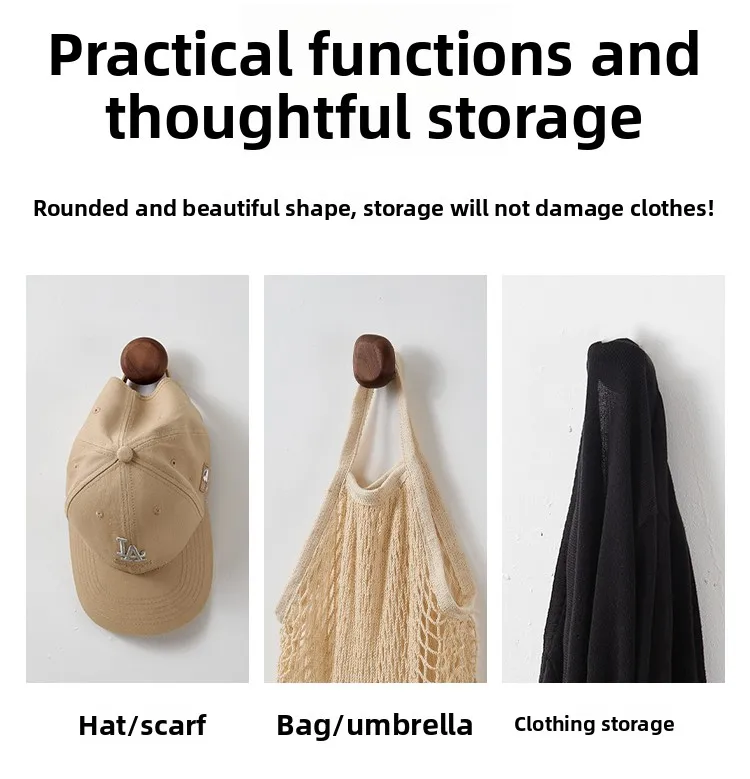 Scandinavian Solid Wood Handle Clothes Hook Coat Hook Wall-mounted Hook Punch-free Door Clothes Hanger Pebble Shape Cabinet Door
