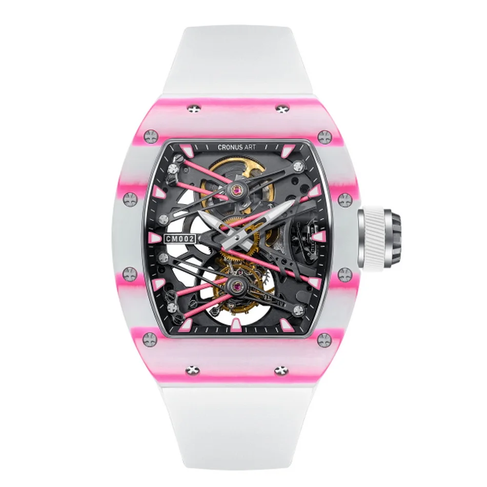 CRONUSART Orologio da uomo Tourbillon 50mm * 42mm Tonneau Orologio da polso meccanico Cassa in fibra di carbonio Lume Cinturino in gomma fluorurata Quadrante scheletrato