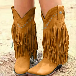 Moda Kobiety Retro Ethnic Western Cowboy Boots Block Medium Heels Tassel Fringe Kneehigh Boots Lady Winter Shoes Large Size 45