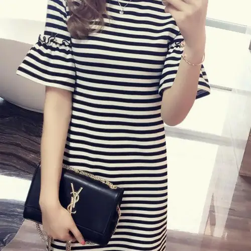 2022 여름 줄무늬 짧은 소매 드레스 여성 의류 한국 스타일 슬리밍 플레어 슬리브 중간 길이 티셔츠 여성 