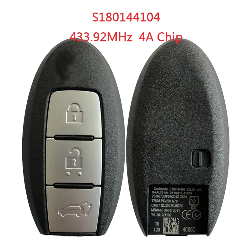 TXK027061 For Nissan Smart Remote Key 3 Buton 433.92MHz 4A Chip Continental S180144104