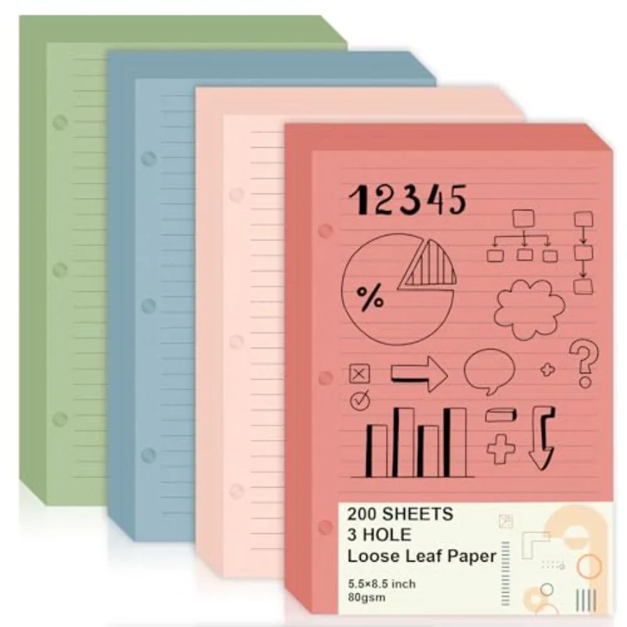 

200 Sheets Mini Loose Leaf Paper 5.5 x 8.5 Mini Binder Paper 3 Ring Colored Paper College Ruled 3 Hole Punched Papers Small Not