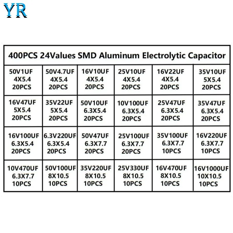 24Value 400PCS SMD Aluminum Electrolytic Capacitors Assortment Kit SMD 1uF-1000uF 6.3V-50V