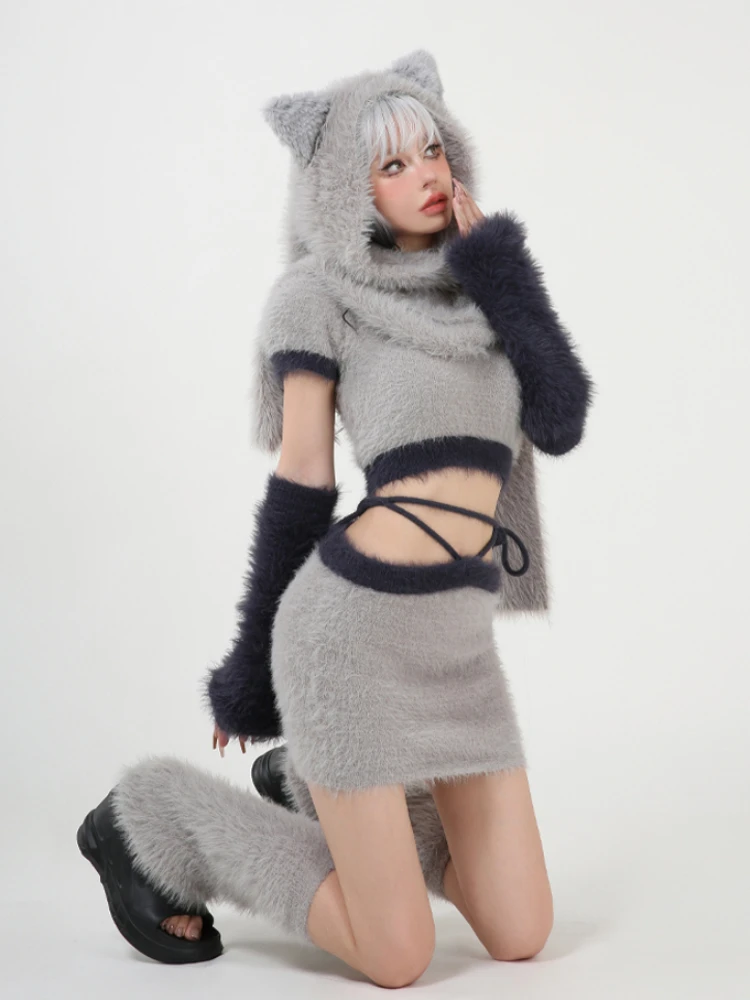 ADAgirl-Ensemble pull Kawaii gris pour femme, manches perfectionnées imbibées, jupe fine, chapeau oreilles de chat, vêtements coréens mignons,