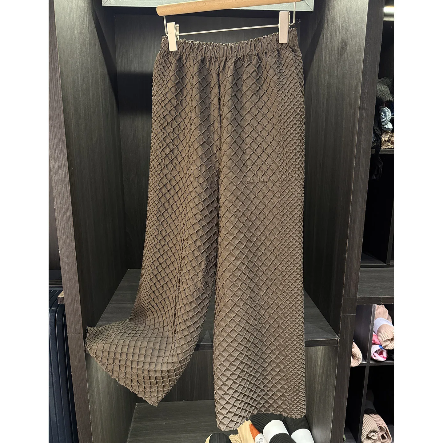 Miyake Pleated Temperament Pleated Solid Color Casual Wide Leg Pants for Women's New Versatile Elastic Waistband Pocket Pants