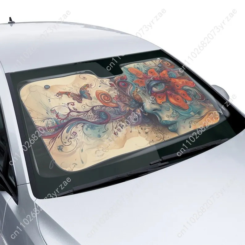 

Butterfly Art Pattern Car Sun Shade Good Heat Insulation Effect Windshield Sunshade Portable Waterproof Easy Clean Car Accessory