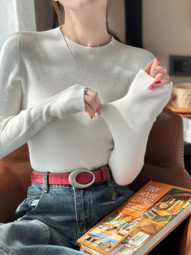 

Women Fashion New Stretch Tops 2025 Solid O-neck Sweater Women Knitted Slim Pullovers Long Sleeve Bottoming Sweater Chic Jumpers