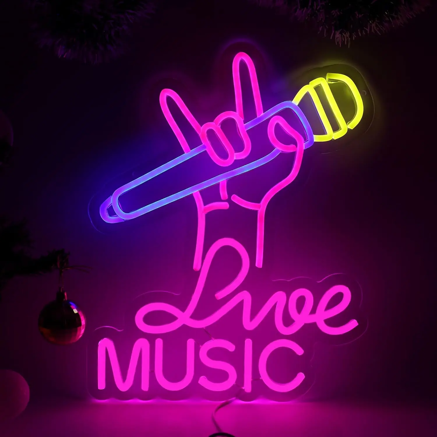 Live Music Neon Sign with Rock Hand Gesture and Microphone LED Wall Art for Bar Cafe Music Studio Decor Vibrant Lighting Gift