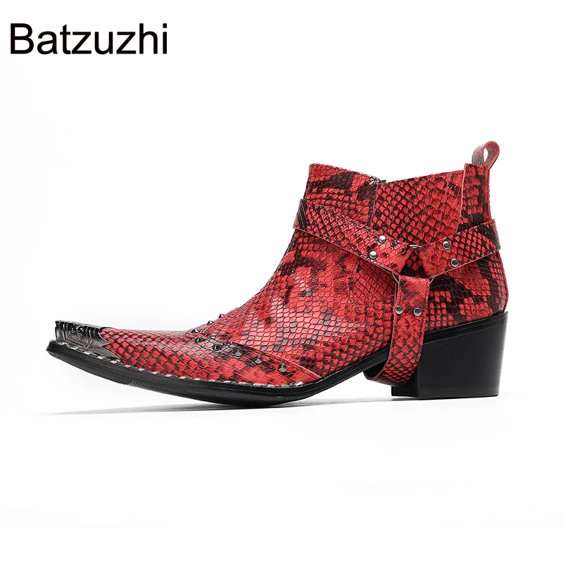 ¡Batzuzhi botas rojas de vaquero para hombre, botines de cuero con punta de Metal, botas cortas de moda sin cordones para hombre, tacones de 6,5 cm!