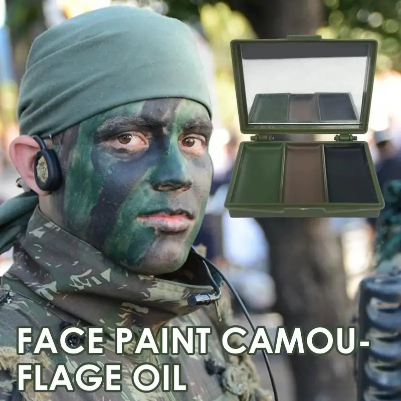 Face Paint Camouflage Oil 3 Colors Makeup Long Lasting Camou Face Body Paint with Mirror Compact Camou Concealment